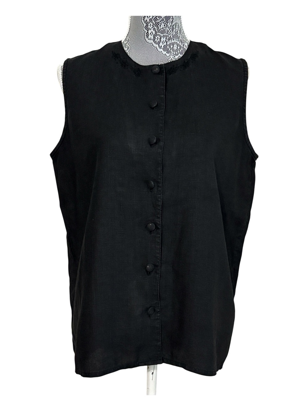 Carroll Reed Vintage 100% linen Black Sleeveless Button-Front Top. Size 10